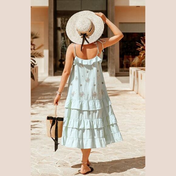 SUNDRESS Revolve Rare Mint Green Beaded Star Tiered Midi Dress XS/S - Picture 2 of 9